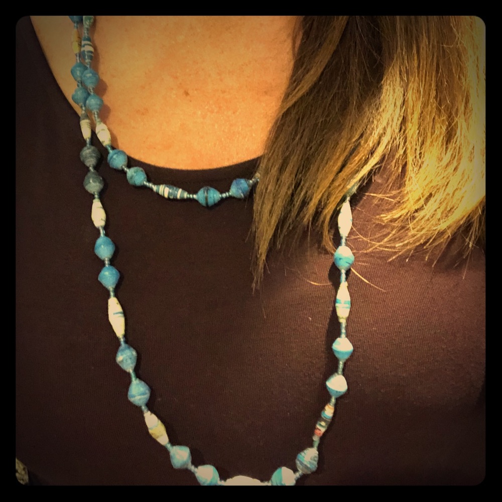 Long strand/beaded blue necklace - paper beads